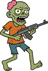 Cartoon zombie character holding rifle, scary undead illustration, Halloween horror theme, creepy weapon image, spooky green monster, exposed brain, armed stance