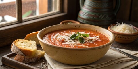 Tomato Soup with Basil and Cheese by the Window, comfort food , homemade