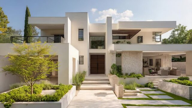 Daytime view of stylish modern home with manicured garden, open terrace, and clean geometric design