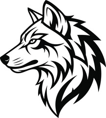Fototapeta premium A striking black and white vector image of a wolf head, isolated on white background, capturing its intense gaze and powerful presence