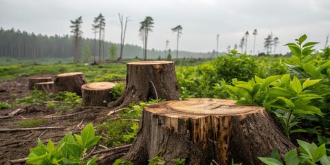 Tree Stumps in a Deforested Landscape with New Growth, Forestry , Nature
