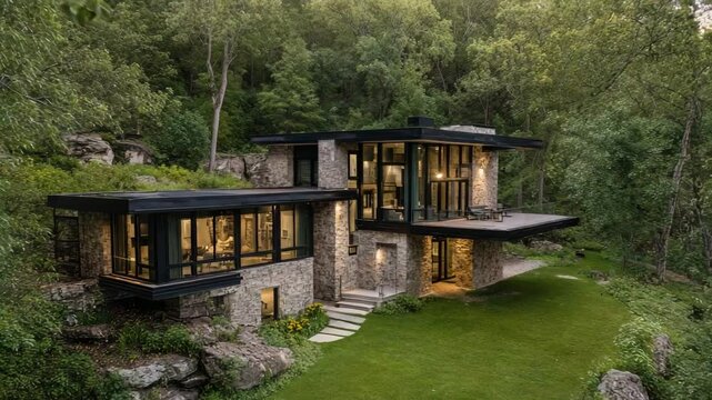 Drone shot of stone-clad modern home with floor-to-ceiling windows, nestled among dense trees and rolling green lawn