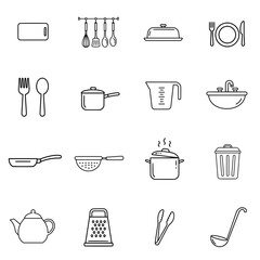 Set of 16 simple vector icons depicting kitchen utensils and tools  