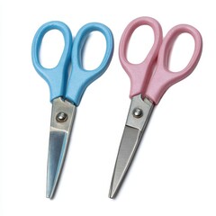 Two colorful plastic handled scissors one blue and one pink isolated on white background