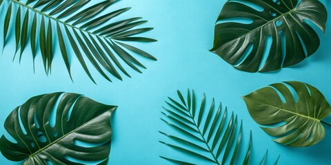 Tropical Leaves Flat Lay Palm and Monstera on Aqua, summer ,nature