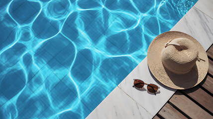 High-Angle Summer Poolside View Sun Hat, Sunglasses, and Sparkling Water