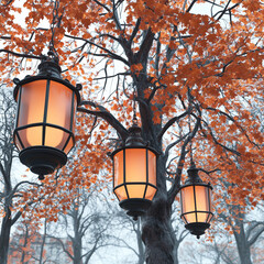 Autumn tree with decorative lanterns hanging among orange leaves