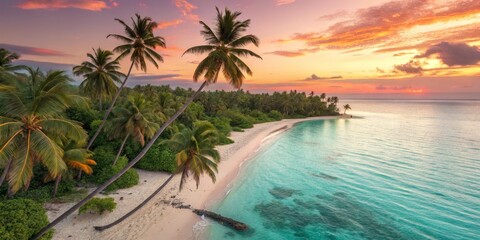 Tropical Paradise Palm Trees, Turquoise Water and Sunset Glow, beach , travel