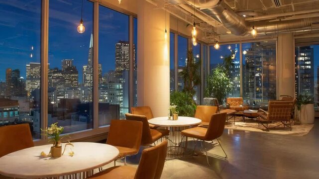 Elegant corporate workspace lit warmly, featuring modern furnishings and panoramic nighttime cityscape backdrop