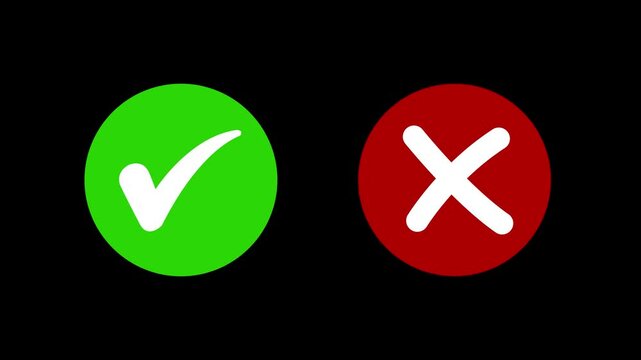 Animated pop-up green check mark and red cross X symbol on a transparent background. A checkmark in and out motion graphics animation. Video footage of yes or no, true or false with alpha channel
