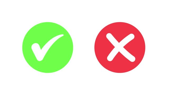 Animated pop-up green check mark and red cross X symbol on a transparent background. A checkmark in and out motion graphics animation. Video footage of yes or no, true or false with alpha channel