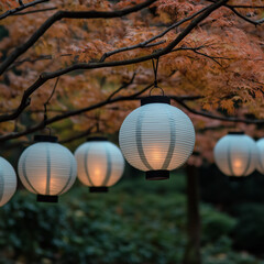 Hanging paper lanterns illuminated among autumn foliage in a serene garden