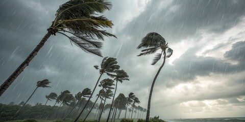 Tropical Storm Rain and Palm Trees Bending in The Wind, Monsoon, Weather