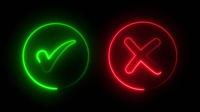 "Minimal neon Check Mark and Cross Icon in Circle on Black Background &ndash; Yes or No Symbol Set for UI UX Design, Decision Making, Voting, and App Interface Elements".