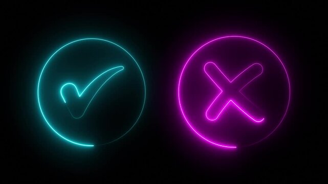 "Minimal neon Check Mark and Cross Icon in Circle on Black Background &ndash; Yes or No Symbol Set for UI UX Design, Decision Making, Voting, and App Interface Elements".
