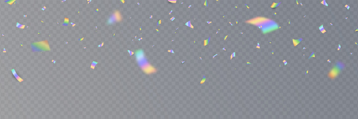 Holographic confetti falling frame. Rainbow light hologram background. Prism lens. Shiny festive decor. Crystal texture. Party celebration. Glamour design. Vector Illustration