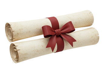 Isolated Rolled Parchment Scroll Tied with Red Ribbon
