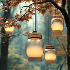 Hanging glass lanterns glowing softly among autumn leaves in a misty forest