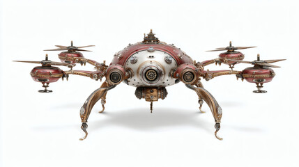 A detailed steampunk drone with a unique design and mechanical features, isolated on white.