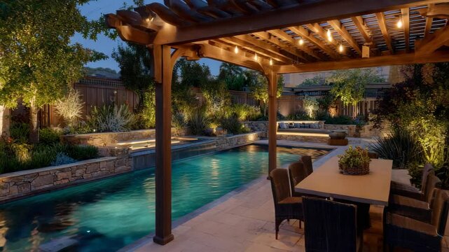Evening view of elegant backyard with glowing pergola lights, shimmering pool, and sleek patio seating framed by lush plants
