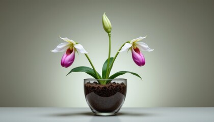 Elegant potted orchid plant with white and purple flowers in a round glass vase on a neutral background, close-up floral arrangement for home decor or garden