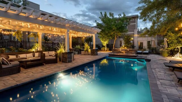 Evening view of elegant backyard with glowing pergola lights, shimmering pool, and sleek patio seating framed by lush plants