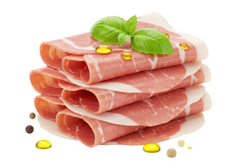 Isolated Stack of Prosciutto Ham with Basil and Olive Oil Drizzle