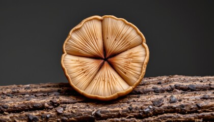 Close-up of a dried, textured mushroom with radial gills and a wavy edge resting on a rough wooden surface, isolated against a dark background