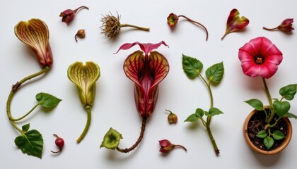 Assorted variety of colorful tropical flowers including hibiscus and calla lily arranged on a white background with leaves and buds for decorative floral composition