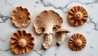 Assorted edible wild mushrooms with varied shapes and sizes, including gilled and cap varieties, arranged on a white marble surface for culinary or decorative purposes