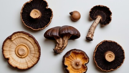 Assorted fresh and dried mushrooms including shiitake and wood ear varieties arranged on a plain background with detailed textures and natural tones