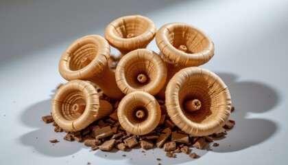 Assorted edible brown mushrooms with detailed gills and stems arranged on a white surface creating natural shadow and highlighting their textures