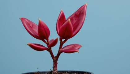 Vibrant Red Plant with Multiple Buds Growing in Soft Light Against Light Blue Background in Close-Up Shot of a Beautiful Succulent or Flowe Houseplant