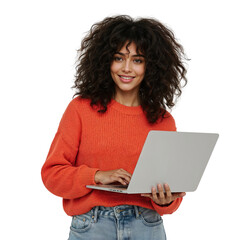 Happy young woman with curly hair working on a laptop, smiling at camera on an isolated transparent background.
