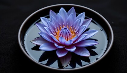 Vibrant purple water lily floating on dark water with reflections and intricate petal details, symbolizing serenity, beauty, and nature's elegance in a tranquil pond scene