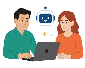Man and woman using laptop with AI chatbot virtual assistant flat vector illustration. Cartoon people interacting with artificial intelligence robot on computer vector design.. 