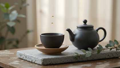 Fototapeta premium teapot and cup on bamboo mat