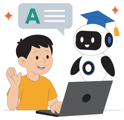  Cute AI Robot Teaching Happy Child Online Kids Learning with Artificial Intelligence Vector.  E-Learning, Kids and AI Flat Illustration. 