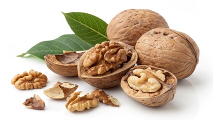 Walnuts Still Life Shelled and Whole Nuts with Leaves, Healthy Food , Nutrition