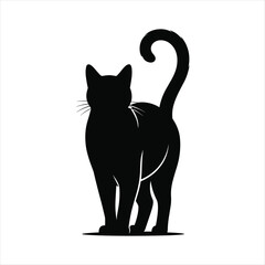 Obraz premium Black cat silhouette standing with tail curled high and whiskers visible feline animal