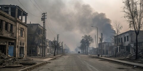 War-Torn Cityscape Smoke, Rubble and Empty Street, destruction , conflict