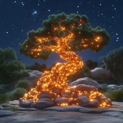 Glowing bonsai tree on rocky outcrop at night