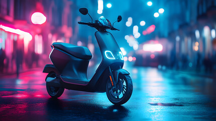 Sleek electric scooter with modern design on vibrant city street at night, glowing lights enhance futuristic feel