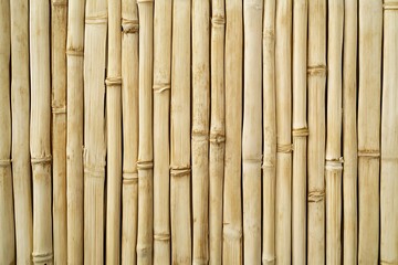Fototapeta premium Close up view of a bamboo wall with vertical stalks and natural light brown color and texture details