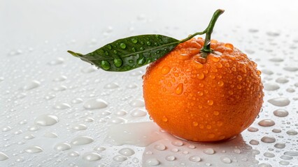 Wet Clementine Close-up Fresh Fruit with Leaf and Water Droplets on a White Surface ,Clementine, Citrus