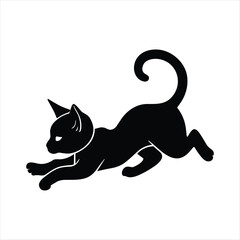 Black cat silhouette stretching and playing on white background animal feline