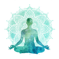 Meditating Person Silhouette with Watercolor Mandala and Spiritual Connection Lines