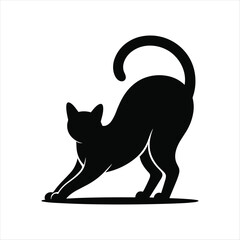 Black cat silhouette stretching with curved tail on white background yoga