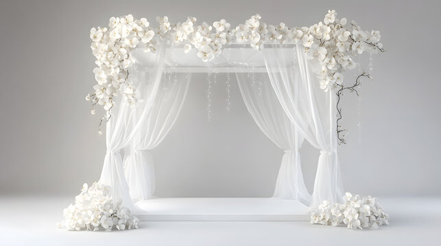 Elegant all white wedding mandap adorned with cascading orchids, creating serene and romantic atmosphere