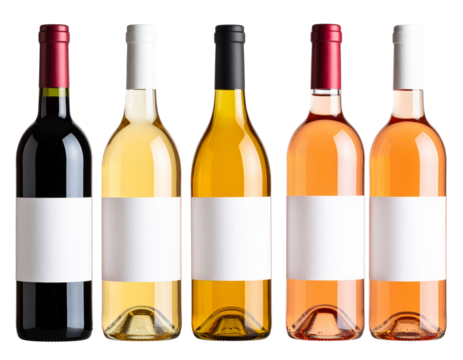  Set of assorted wine bottles with blank labels standing in row isolated on white background
